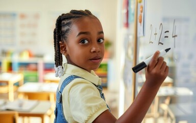 Young student solving math problem on whiteboard with marker in bright classroom setting