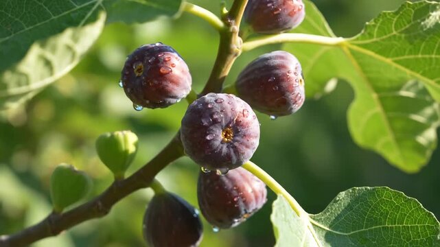 Ripe Figs on Branch with Dew Drops - Close-up view of several plump, dark purple figs growing on a branch, glistening with morning dew.