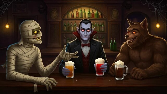 A Spooky Gathering: Mummy, Vampire, and Werewolf Enjoying Drinks in a Dark Tavern, Reveling in the Atmosphere of Friendship and Celebration Amidst Ancient Lore
