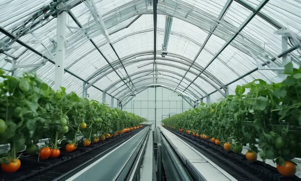 Sleek greenhouse rows carry ripening tomatoes along automated rails, showcasing modern hydroponic farming in motion.