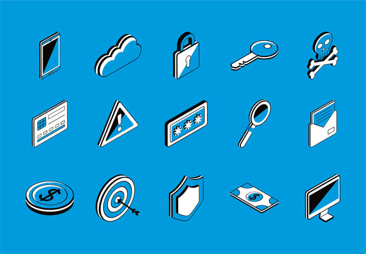 Black And Blue Isometric Cyber Fraud Icons Set