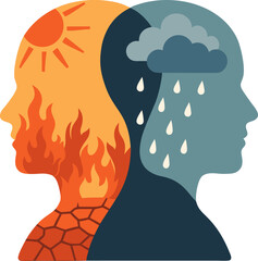 A conceptual graphic draw the psychological duality of the human mind: emotional contrast and inner conflict. It shows two opposing profiles. Ideal for mental wellness and human psychology