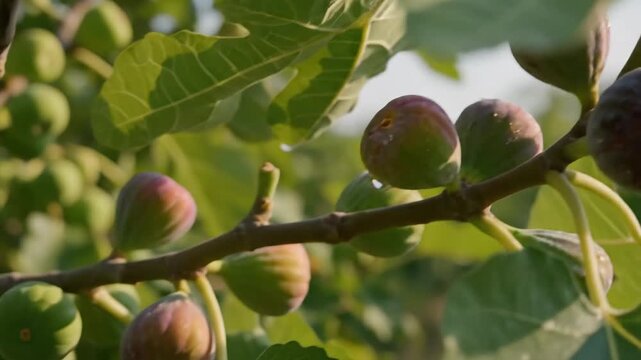 Ripe Figs on Branch - Close-up view of several ripe figs growing on a tree branch, surrounded by lush green leaves.