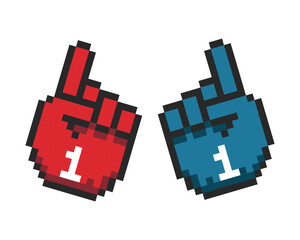 Pixel fan hand, Foam fan finger hand with number one. Pixel fan arm gloves with finger up, support for the team in the sports championship.