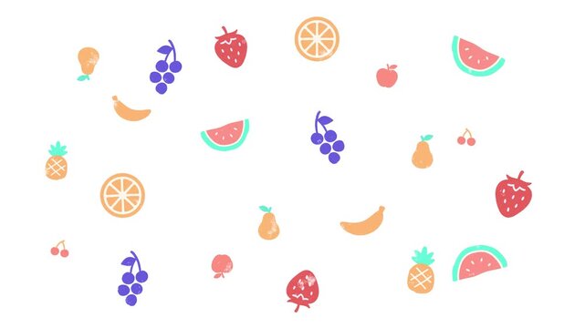 Looping animation of fruit icons, including apples, bananas, strawberries, pineapples, grapes, watermelon, pears and cherries on a white background, evoking a lively and refreshing fruit vibe.