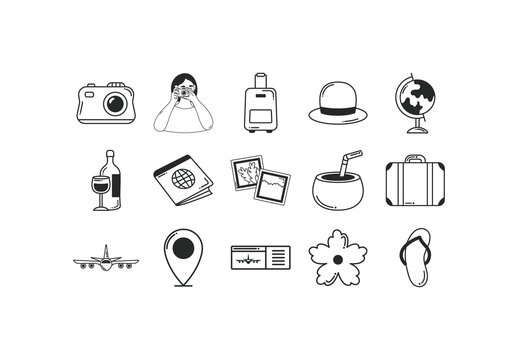Black And White Travel Vacation Icons Set