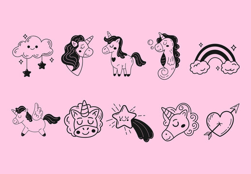 Black And Pink Unicorn Fantasy Illustrations Set