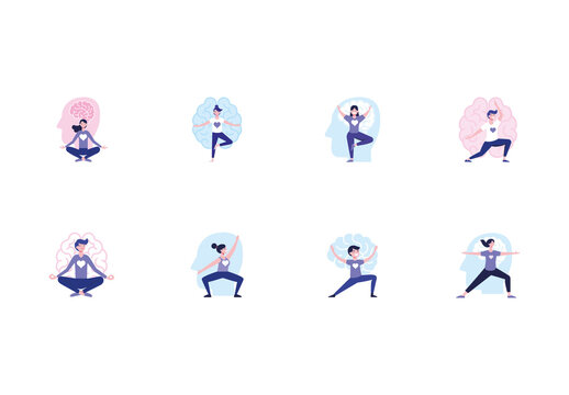Blue And Pink People Mind Body Meditation Illustrations Set
