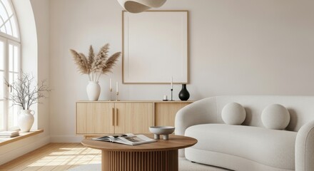 Bohemian living room with natural light, wooden furniture, and decorative plants, creating a cozy and inviting atmosphere