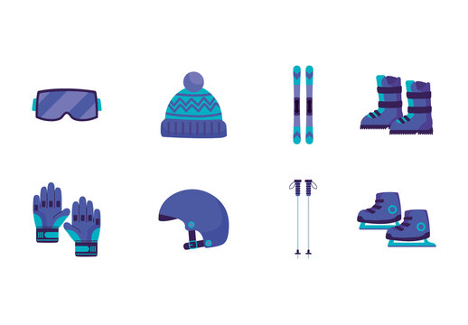 Blue And Purple Ski Equipment Winter Icons Set