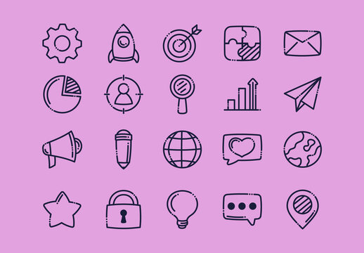 Pink And Black Marketing Business Strategy Media Icons Set