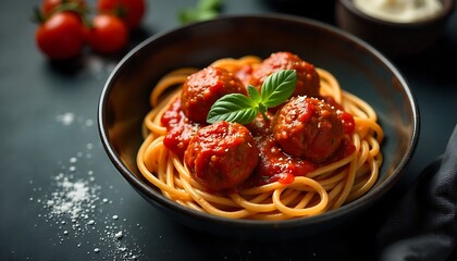 Fototapeta premium Delicious spaghetti and meatballs in rich tomato sauce, garnished with fresh basil, a comforting classic meal.