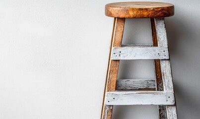 Wooden stool against a white wall