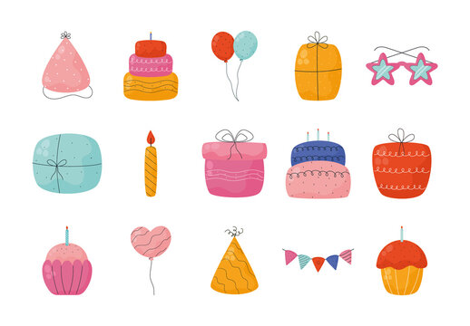 Colorful Birthday Party Celebration Illustrations Set