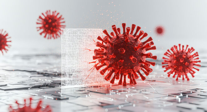 Microscopic red virus particles spreading across a complex digital network, symbolizing global pandemic data and scientific analysis