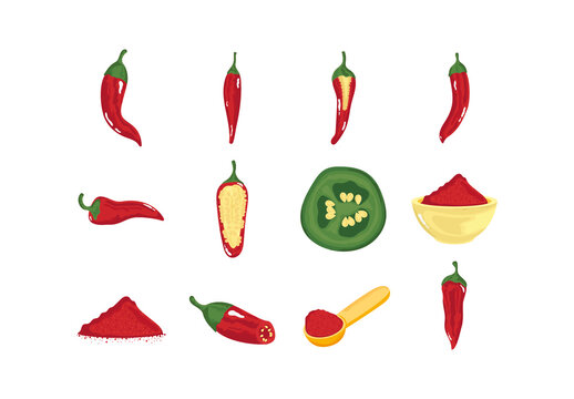 Red And Green Chili Pepper Vegetable Cooking Illustrations Set