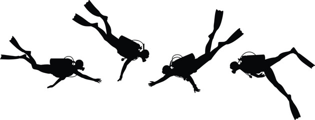 Silhouette scuba divers swimming underwater, group of people exploring ocean sea life with diving gear, fins, tanks, snorkel masks in aquatic adventure illustration