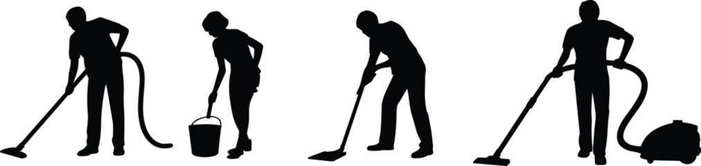 Silhouette people vacuuming, mopping, cleaning floor, household chores with bucket and vacuum cleaner, black isolated figures representing home maintenance and domestic work