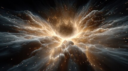 Explosive golden and white corona erupting from dark center, sending highspeed luminous waves