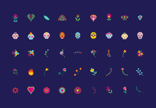 Colorful Dia De Los Muertos Illustrations Set