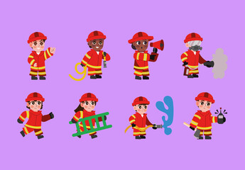 Red And Yellow Firefighter Cartoon Illustrations Set