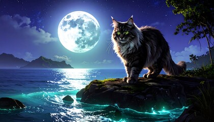 Fluffy cat on a moonlit shore