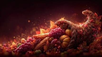 Thanksgiving Cornucopia concept woven from autumn leaves overflowing with harvest vegetables, glowing internal light, isolated on dark dramatic background