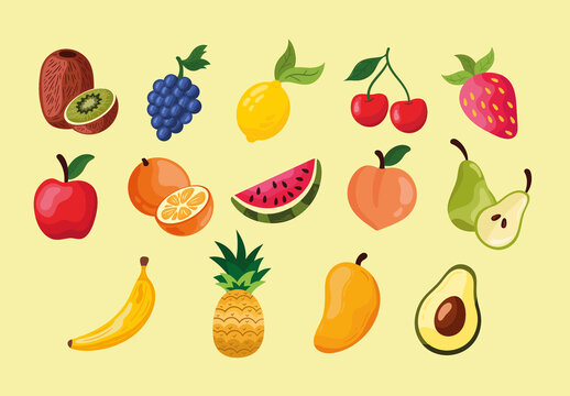 Colorful Fresh Fruits Illustrations Set