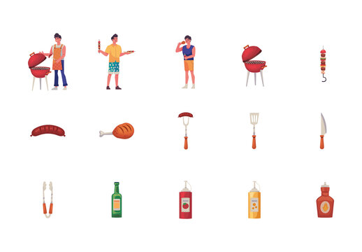 Colorful Grill Meat Tools Illustrations Set