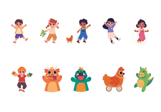 Colorful Childhood Kids Toys Animals Illustrations Set