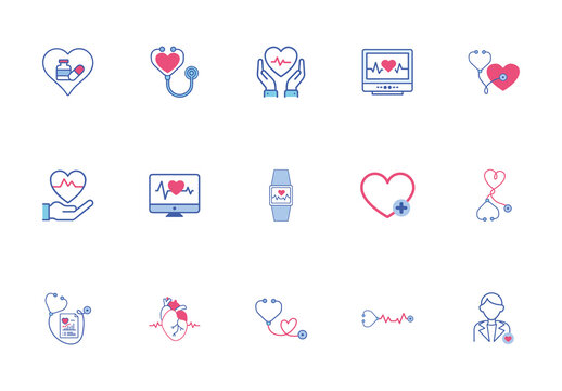 Red And Blue Heart Doctor Medical Icons Set