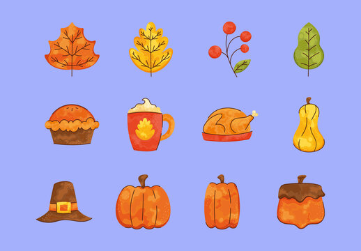 Orange And Yellow Thanksgiving Celebration Illustrations Set