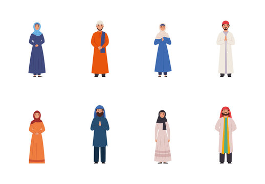 Colorful Islam Muslim Traditional People Character Illustrations Set