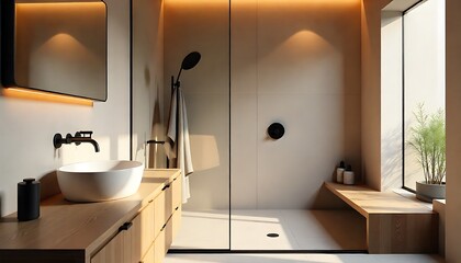 Modern minimalist bathroom design with wood accents, natural light, and spa-like ambiance