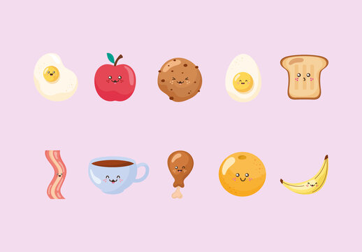 Colorful Kawaii Food Breakfast Illustrations Set