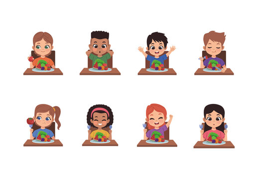 Colorful Kids Food Healthy Lifestyle Illustrations Set