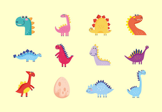 Colorful Dinosaur Cartoon Illustrations Set