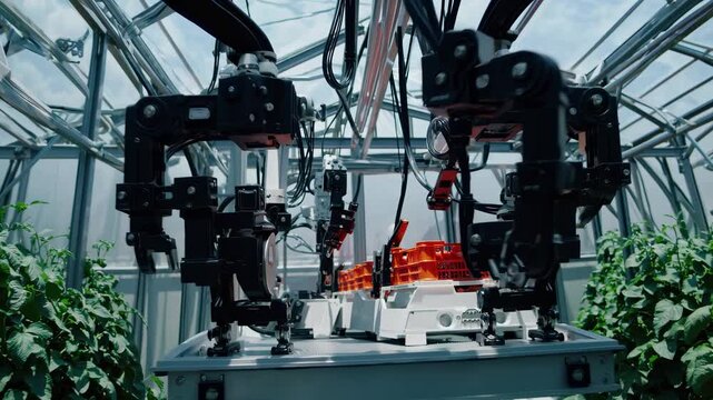 Robotic harvesters glide through a smart greenhouse, using cameras and grippers to pick ripe produce and load orange crates.