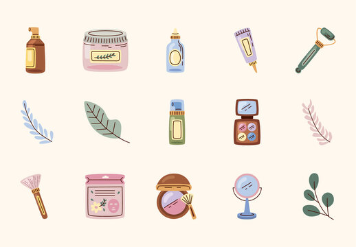 Colorful Korean Beauty Cosmetic Skincare Illustrations Set