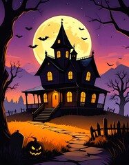 Haunted mansion at night under a full moon