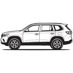 Minimal vector line art of a single car, detailed design, isolated on pure white background.