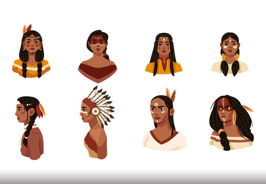 Colorful Native American Girl Traditional Culture Illustrations Set