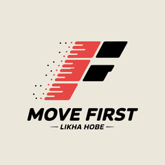 Dynamic 'f' logo with speed lines and 'move first likha hobe' text for business and branding vector