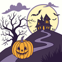 Halloween vector illustration featuring haunted house, glowing pumpkin jack-o’-lantern, spooky tree, flying bats, and full moon background. Great for posters, party invitations, and holiday designs.