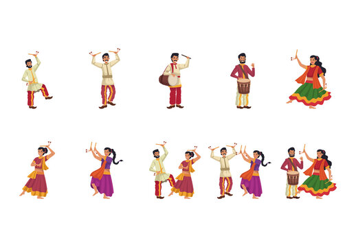 Colorful Navratri Dance Festival Traditional Indian Illustrations Set