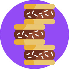 Traditional Argentine sweet made of two cookies filled with dulce de leche, often coated in chocolate or powdered sugar.