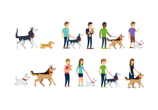 Colorful People Dogs Walking Illustrations Set