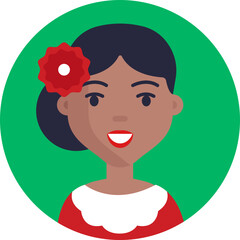 A woman wearing a red flower in her hair, symbolizing Argentine culture and style.