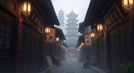 Mystical ancient chinese street at dusk, with traditional buildings, glowing lanterns, and pagodas shrouded in fog, evoking a sense of mystery