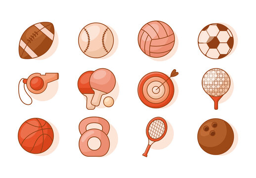 Red And Brown Sports Equipment Games Icons Set